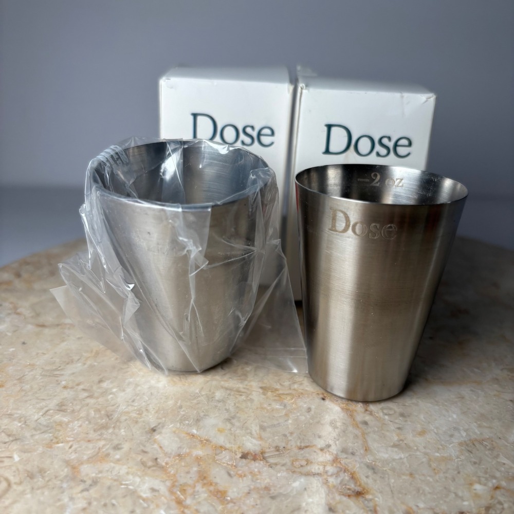 2 Dose Stainless Steel Shot Glass Set 2oz Silver Etched Logo Measuring Cups NIB